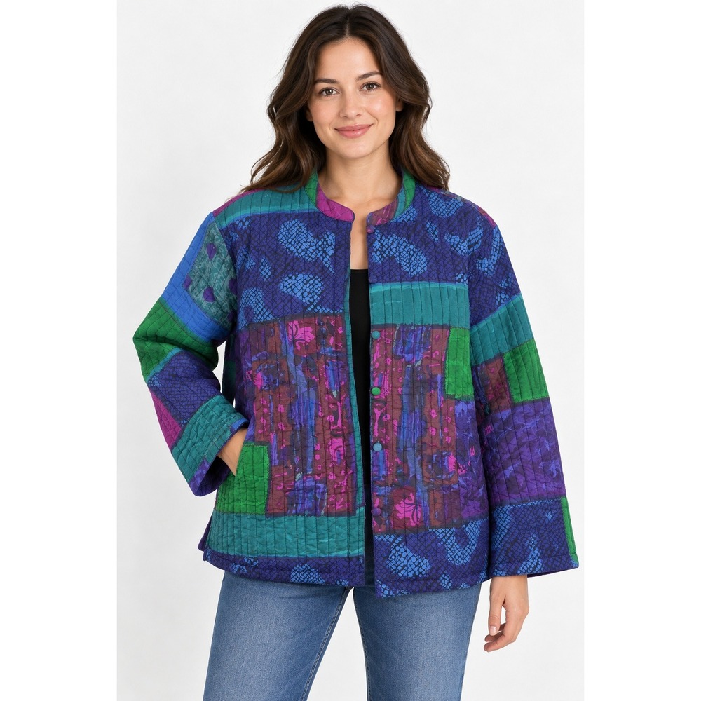 Phool Womens XL Quilted Patchwork Cotton Jacket Purple Green Boho Art Wear